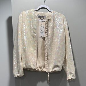 New Zara Women's Shimmering Sequin Bomber Jacket - Cream Style 2451/003